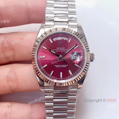 Swiss 3255 Replica Presidential Rolex Day-Date 36mm Watch Stainless Steel Cherry red Dial